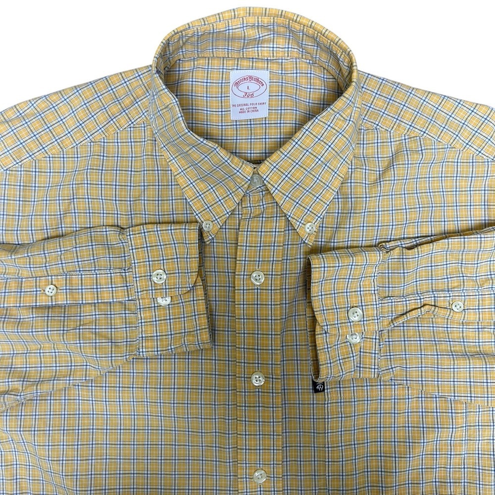 Brooks Brothers 346 Shirt Men's Large Plaid Long Sleeve Button Breathable Yellow